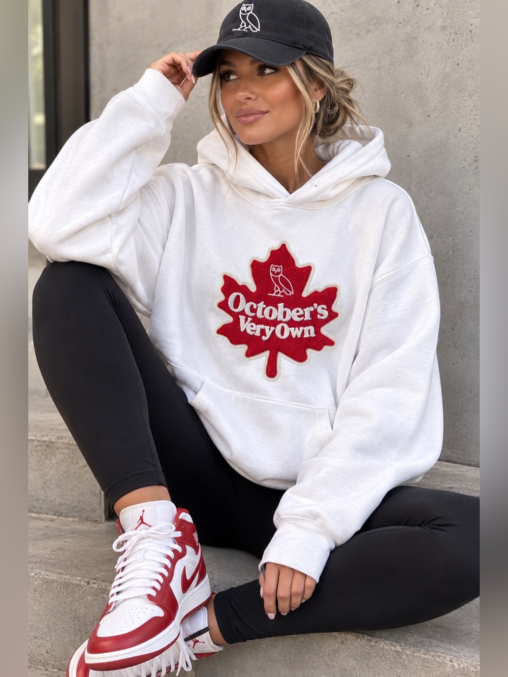 October's Very Own White Hoodie with Red Maple Logo